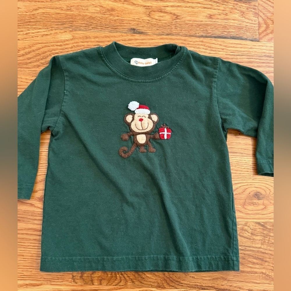 Baby Luigi Christmas Monkey Appliqué Green Long Sleeve Shirt 24M
